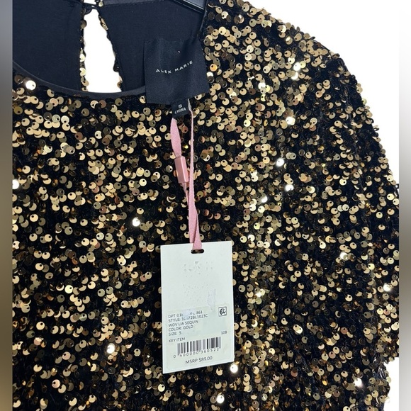 NWT Alex Marie Lia Gold Sequins Embroidered Crew Neck Short Sleeve Blouse Size S - Picture 4 of 11